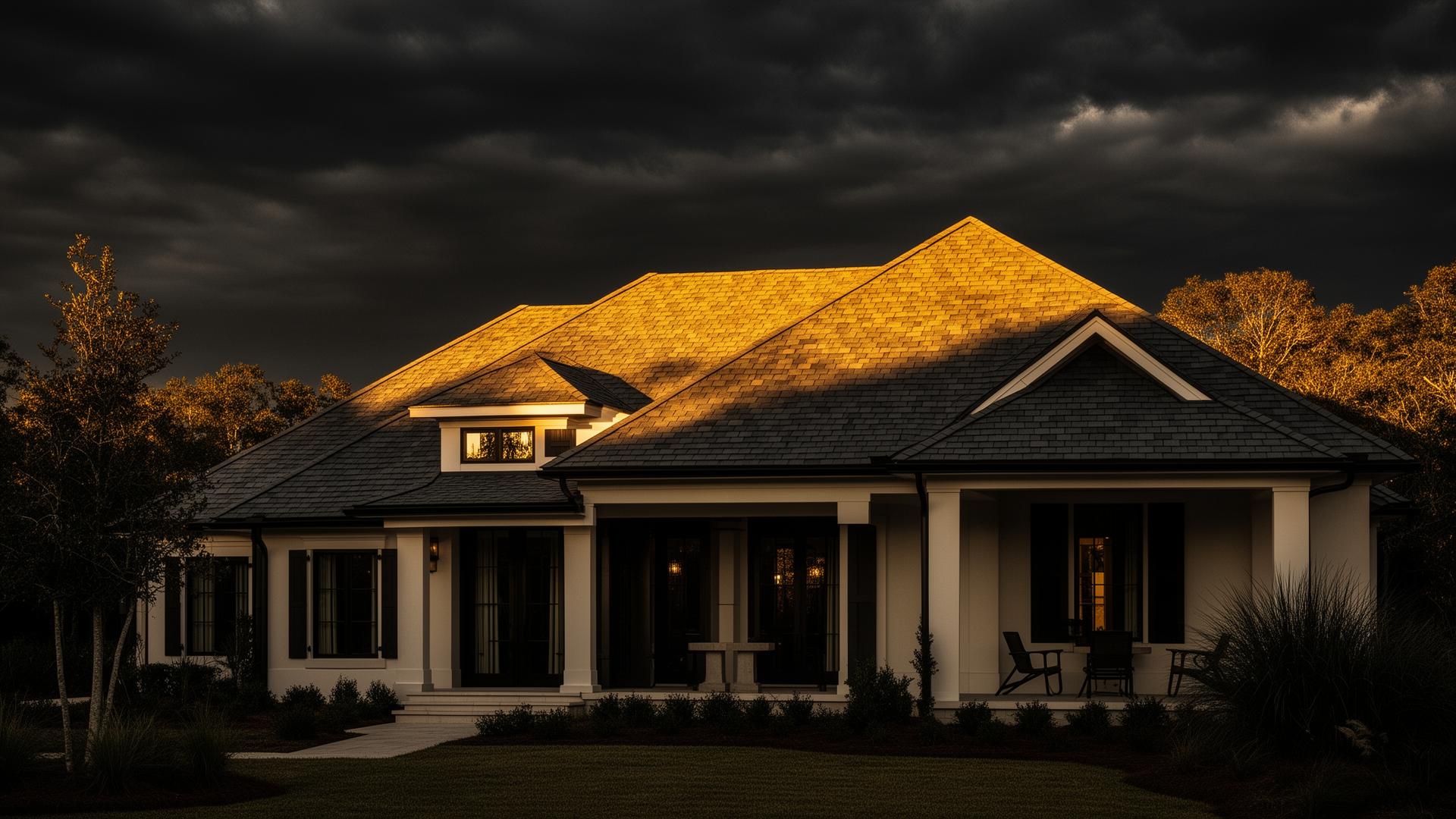 Luxury Southeast Georgia home at golden hour with perfectly installed roof